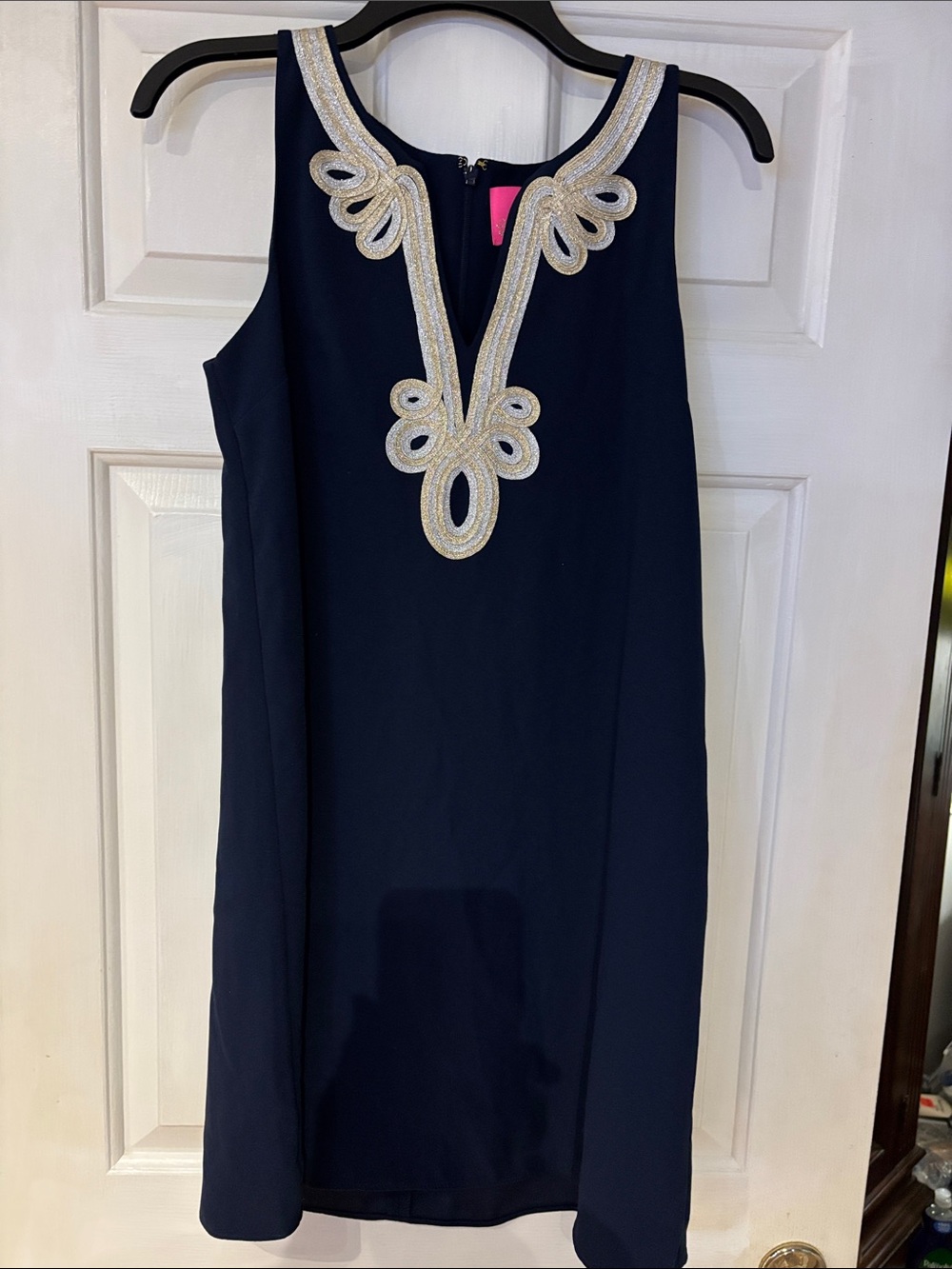 Lilly Pulitzer Navy Dress with Hot Pink Label beautiful gold embroidery